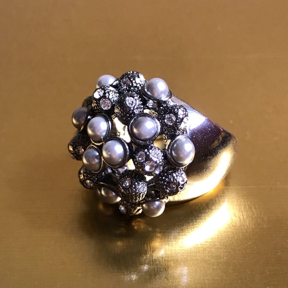 Vintage Heirloom Chunky Pearls Crystal Silver Ring - Picture 4 of 16